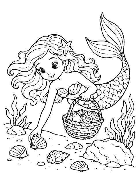 Mermaid collecting shells in a woven basket coloring page