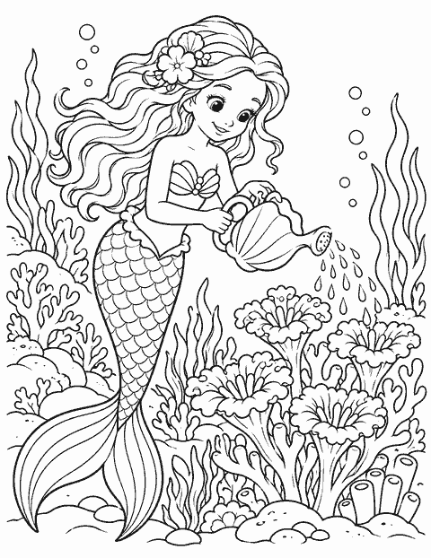 Mermaid in a coral garden coloring page
