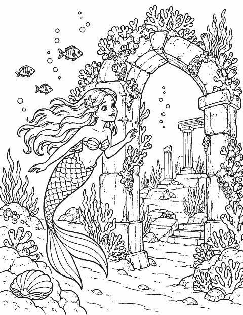 Mermaid exploring an ancient coral archway coloring page