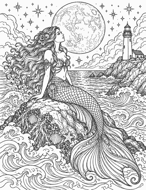 Mermaid under the full moon coloring page