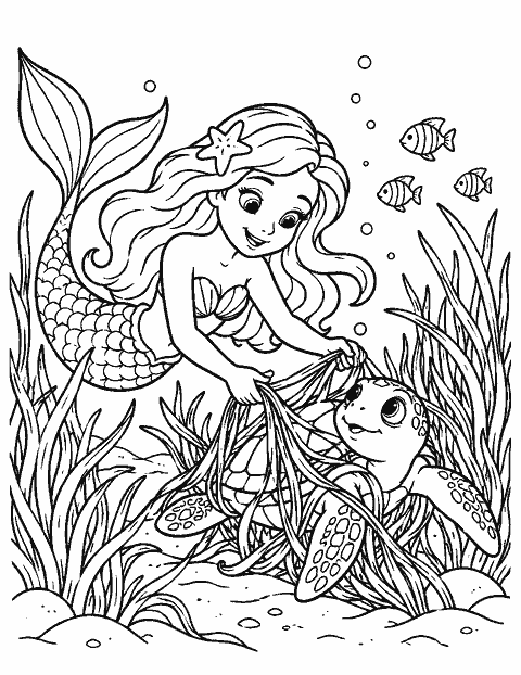 Mermaid helping a turtle through sea grass coloring page
