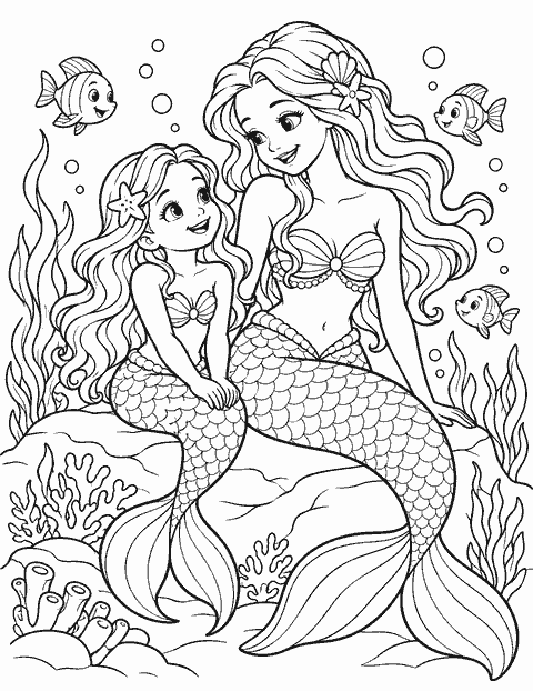 Mermaid mom and daughter coloring page
