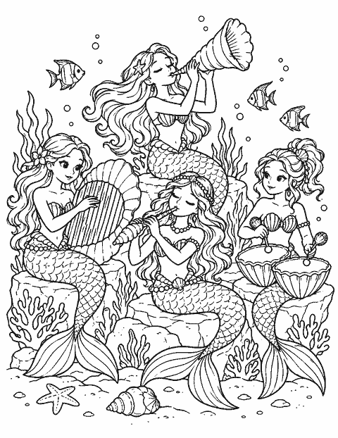 Mermaid orchestra playing shell instruments coloring page