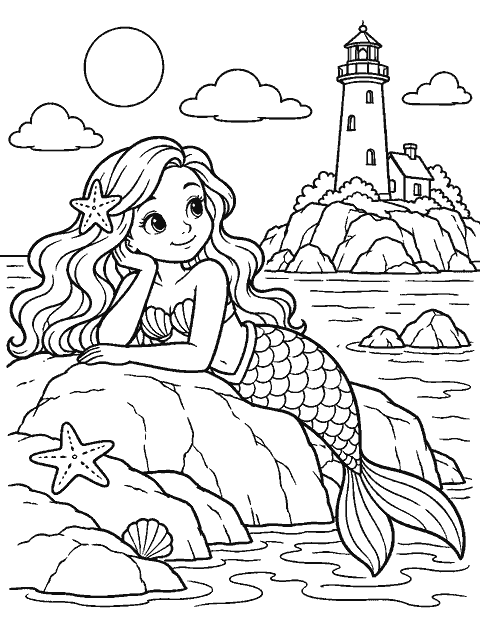 Mermaid resting beside a lighthouse island coloring page