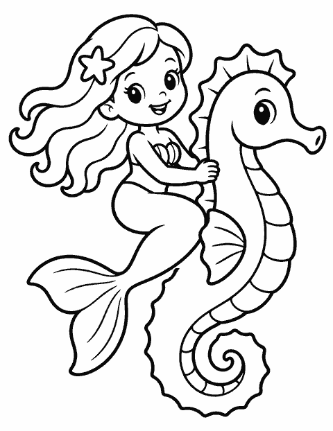 Mermaid riding a seahorse coloring page