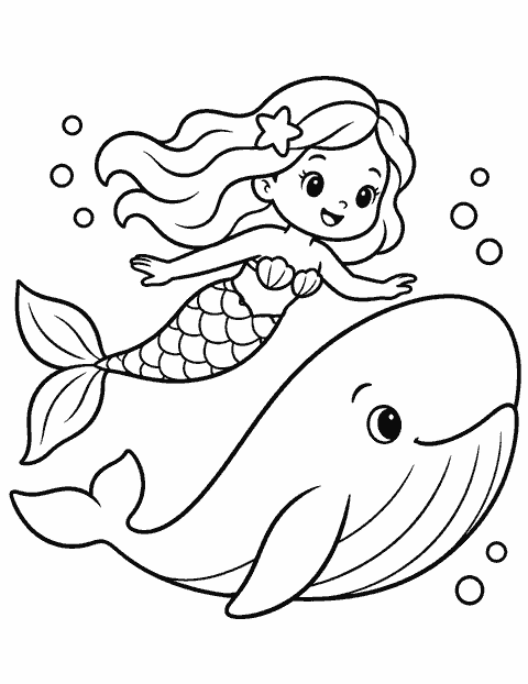 Mermaid riding a friendly whale coloring page