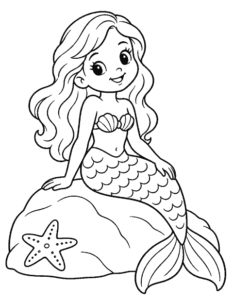 Mermaid sitting on a rock with one starfish coloring page