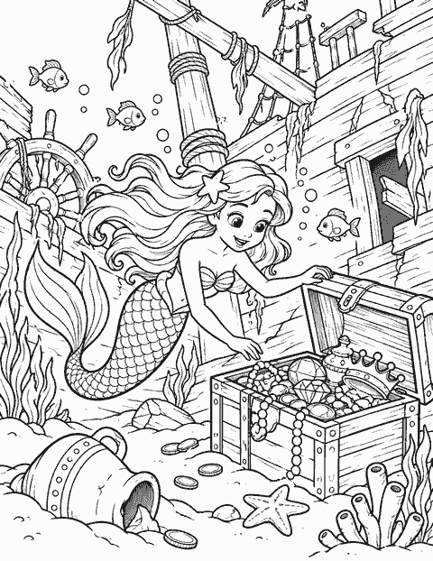 Mermaid finding treasure in a sunken ship coloring page