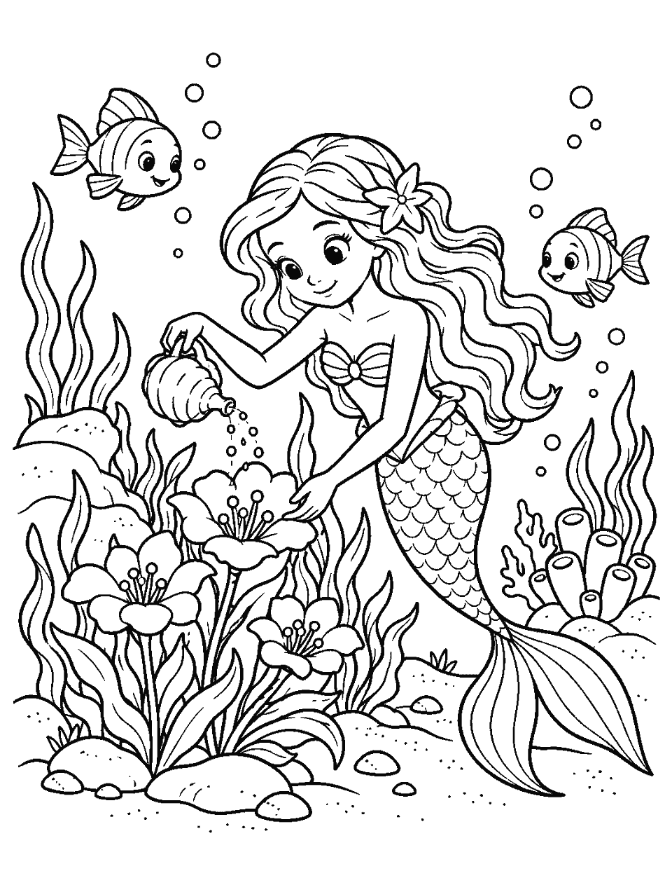 Mermaid tending an underwater flower garden coloring page, black and white line art
