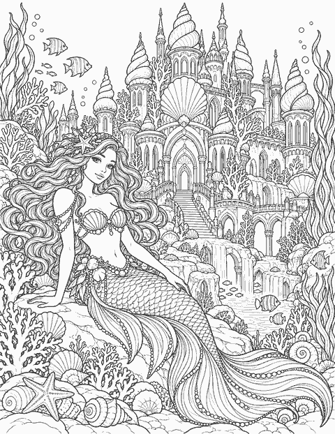Mermaid at the underwater castle coloring page