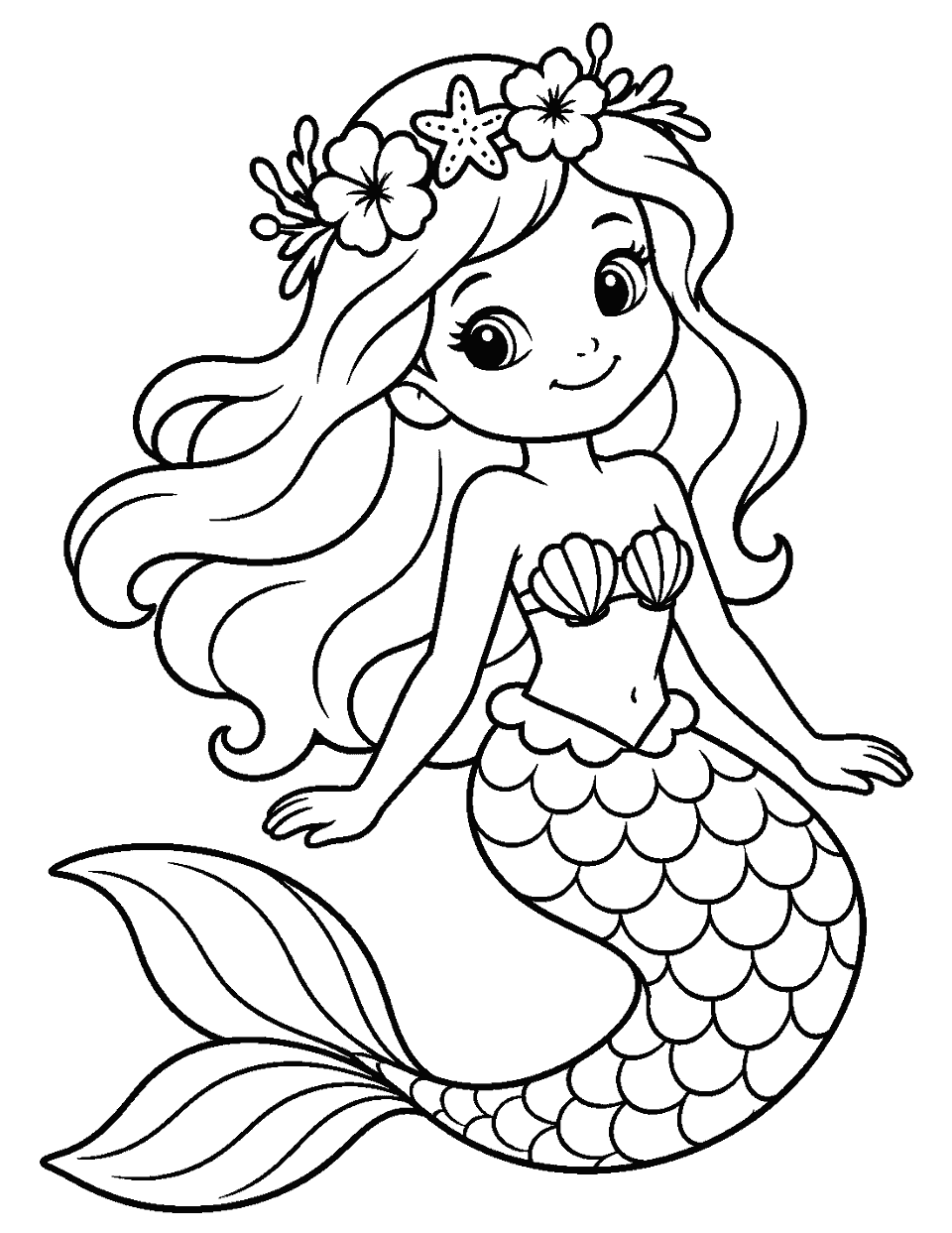 Mermaid with a simple crown of sea flowers coloring page, black and white line art
