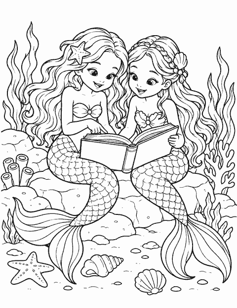 Mermaids reading a book together coloring page