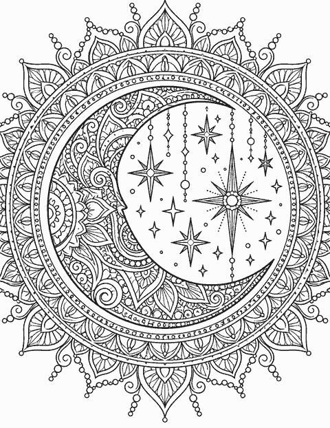 Moon and stars mandala coloring page