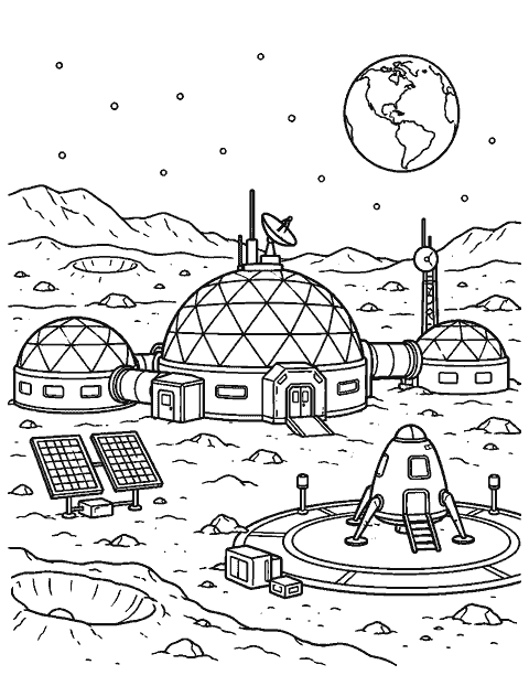 Moon base with domes and a small landing pad coloring page