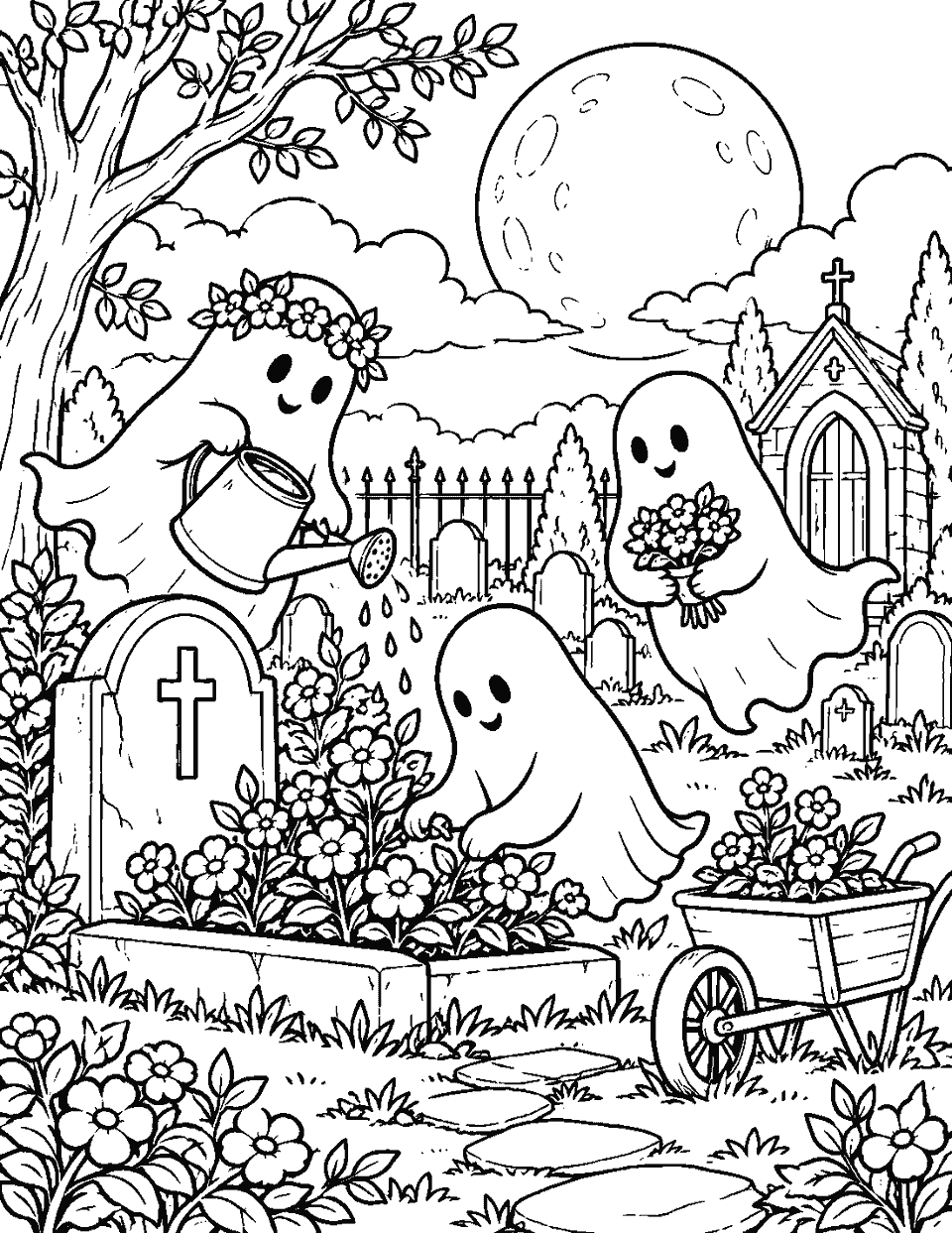 Moonlit cemetery where friendly ghosts tend flowers coloring page, black and white line art