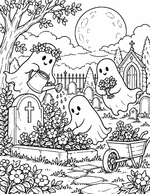 Moonlit cemetery where friendly ghosts tend flowers coloring page