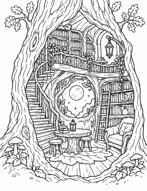 Moonlit fairy library inside an old oak coloring page
