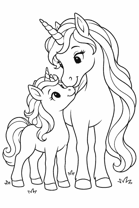Mother unicorn and her foal coloring page