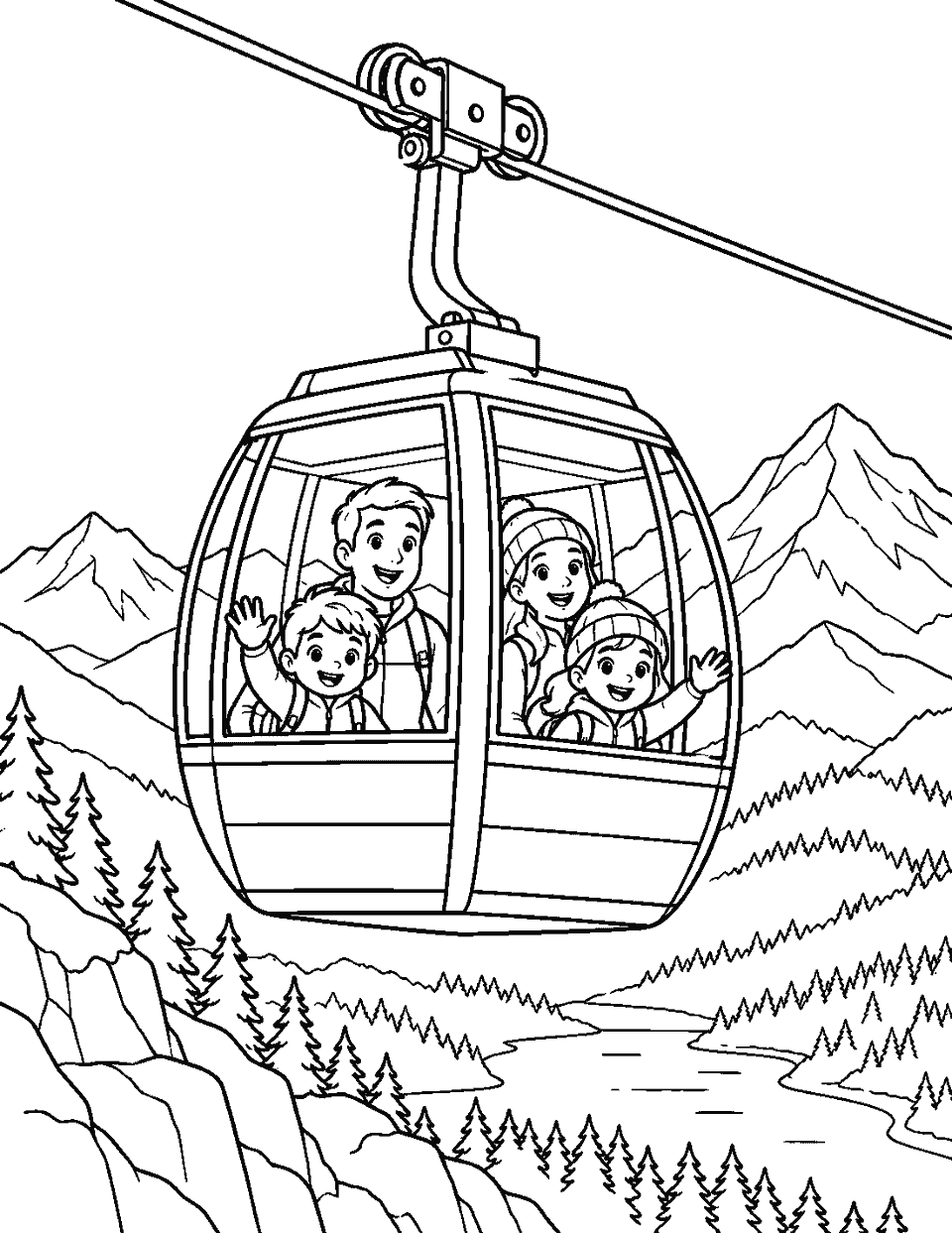 Mountain cable car with passengers waving coloring page, black and white line art