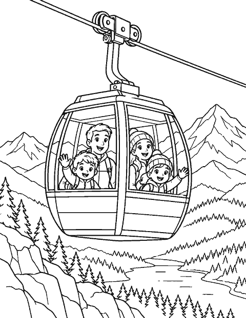 Mountain cable car with passengers waving coloring page