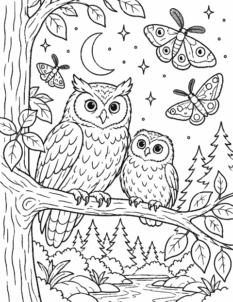 Nighttime forest with owls and moths coloring page