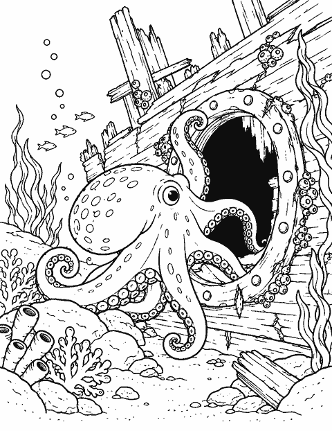 Octopus exploring a shipwreck window coloring page