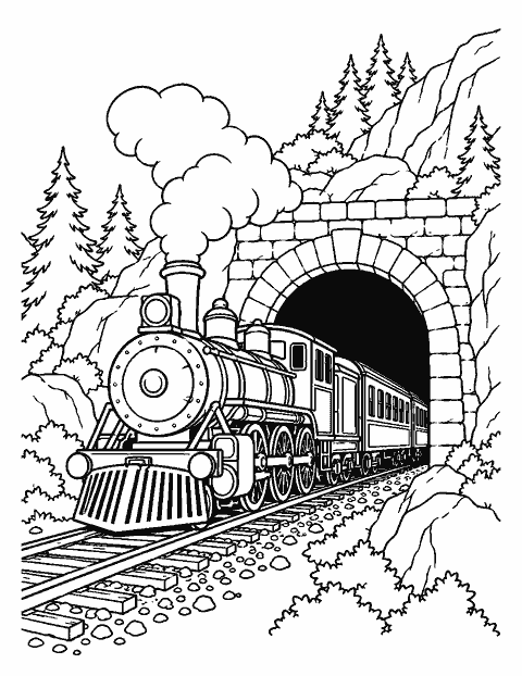 Old steam train entering a stone tunnel coloring page