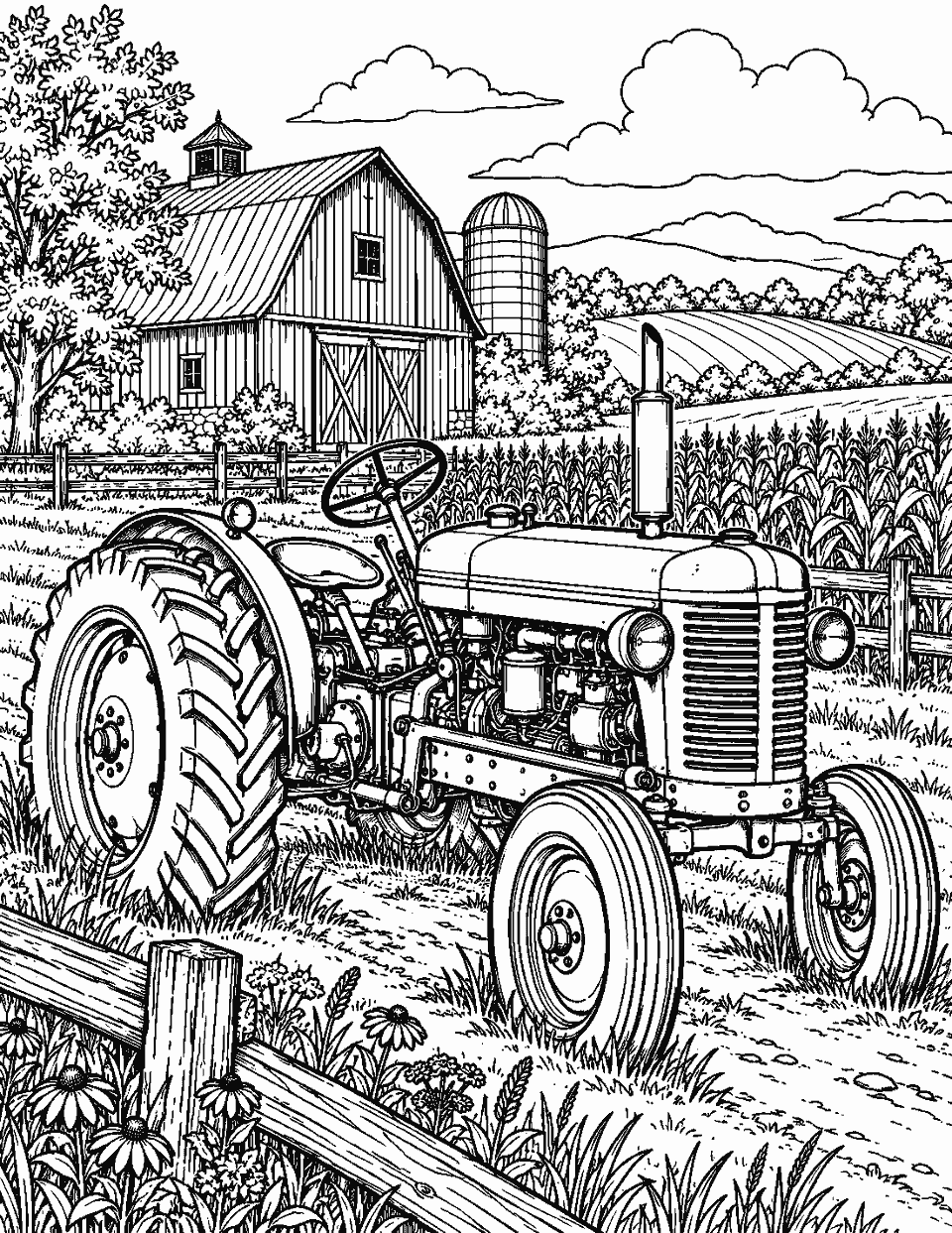 Old tractor beside a detailed field and barn coloring page, black and white line art