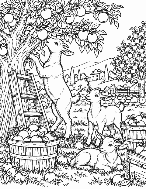Orchard harvest with goats and baskets coloring page