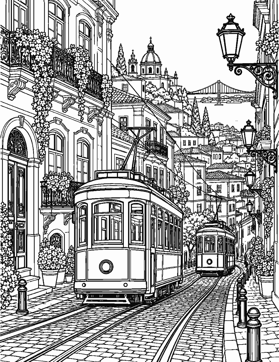 Ornate city street with trams, balconies and lamps coloring page, black and white line art