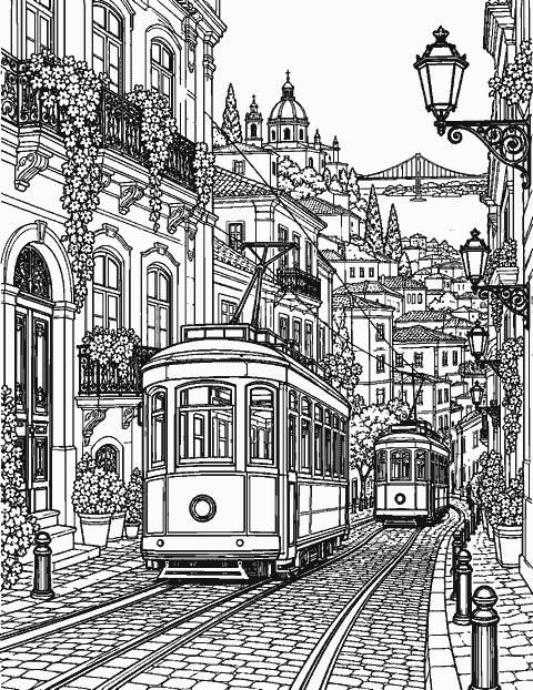 Ornate city street with trams, balconies and lamps coloring page