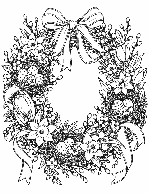Ornate Easter wreath with nests and ribbons coloring page