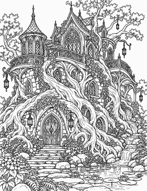 Ornate fairy manor woven into tangled roots coloring page