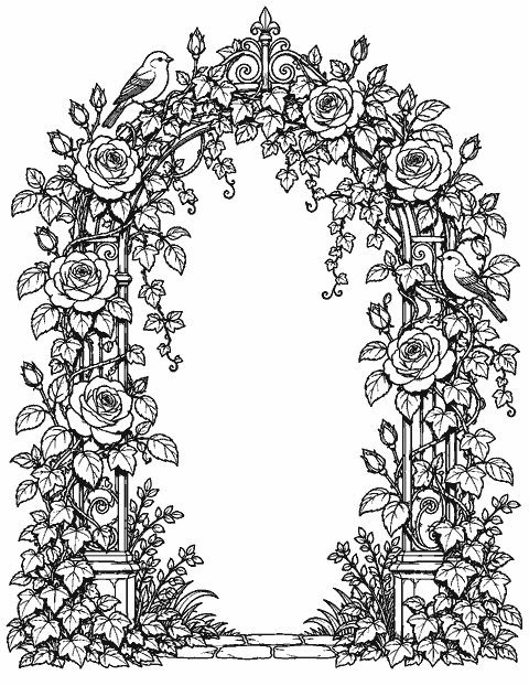 Ornate floral arch with roses, ivy and small birds coloring page