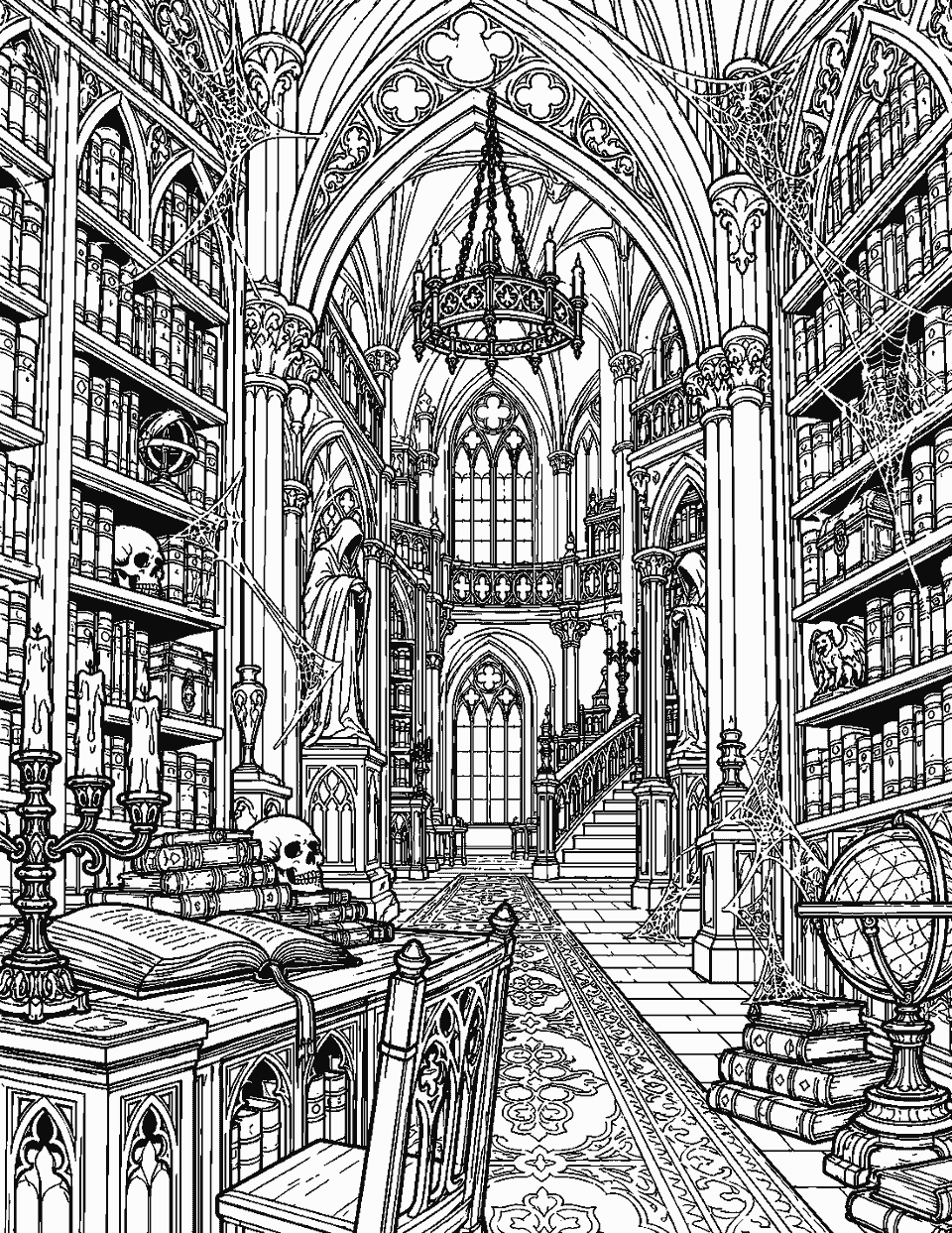 Ornate haunted library with cobwebbed shelves and carved arches coloring page, black and white line art