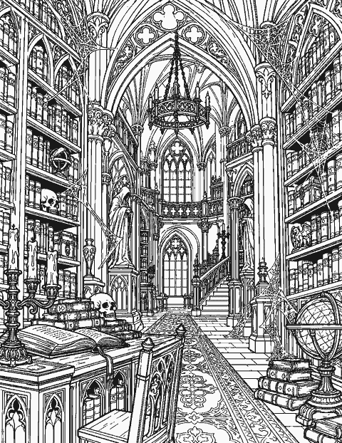Ornate haunted library with cobwebbed shelves and carved arches coloring page