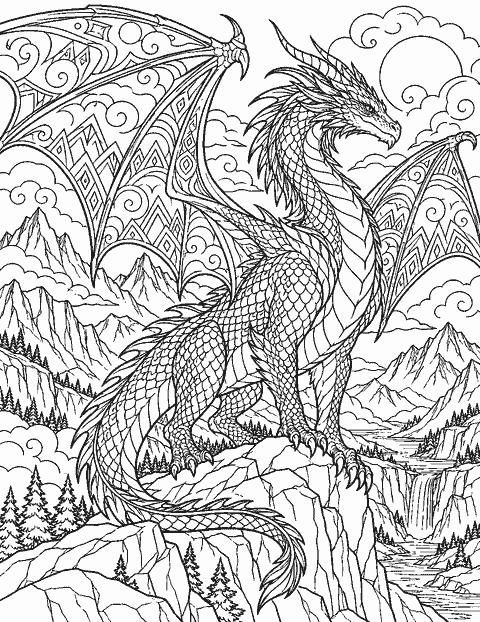 Ornate mountain dragon with patterned wings and clouds coloring page