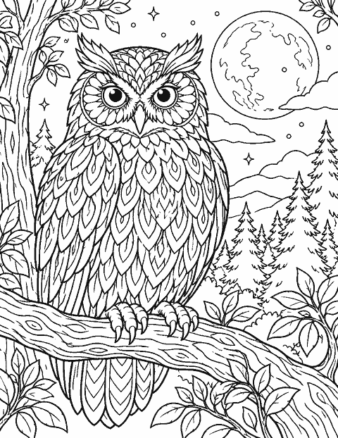 Ornate owl with layered feathers in moonlit woods coloring page
