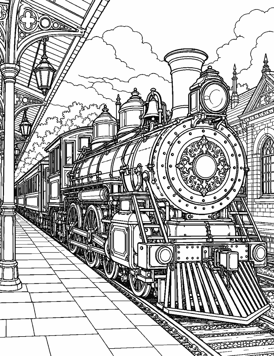 Ornate steam locomotive at a station platform coloring page, black and white line art