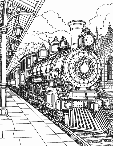 Ornate steam locomotive at a station platform coloring page