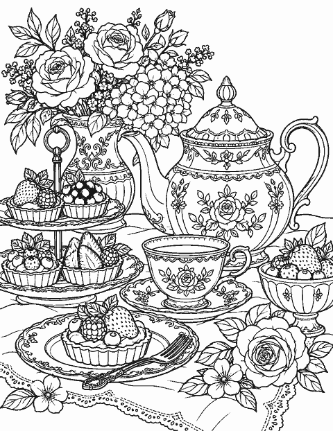 Ornate tea service with fruit tarts and flowers coloring page