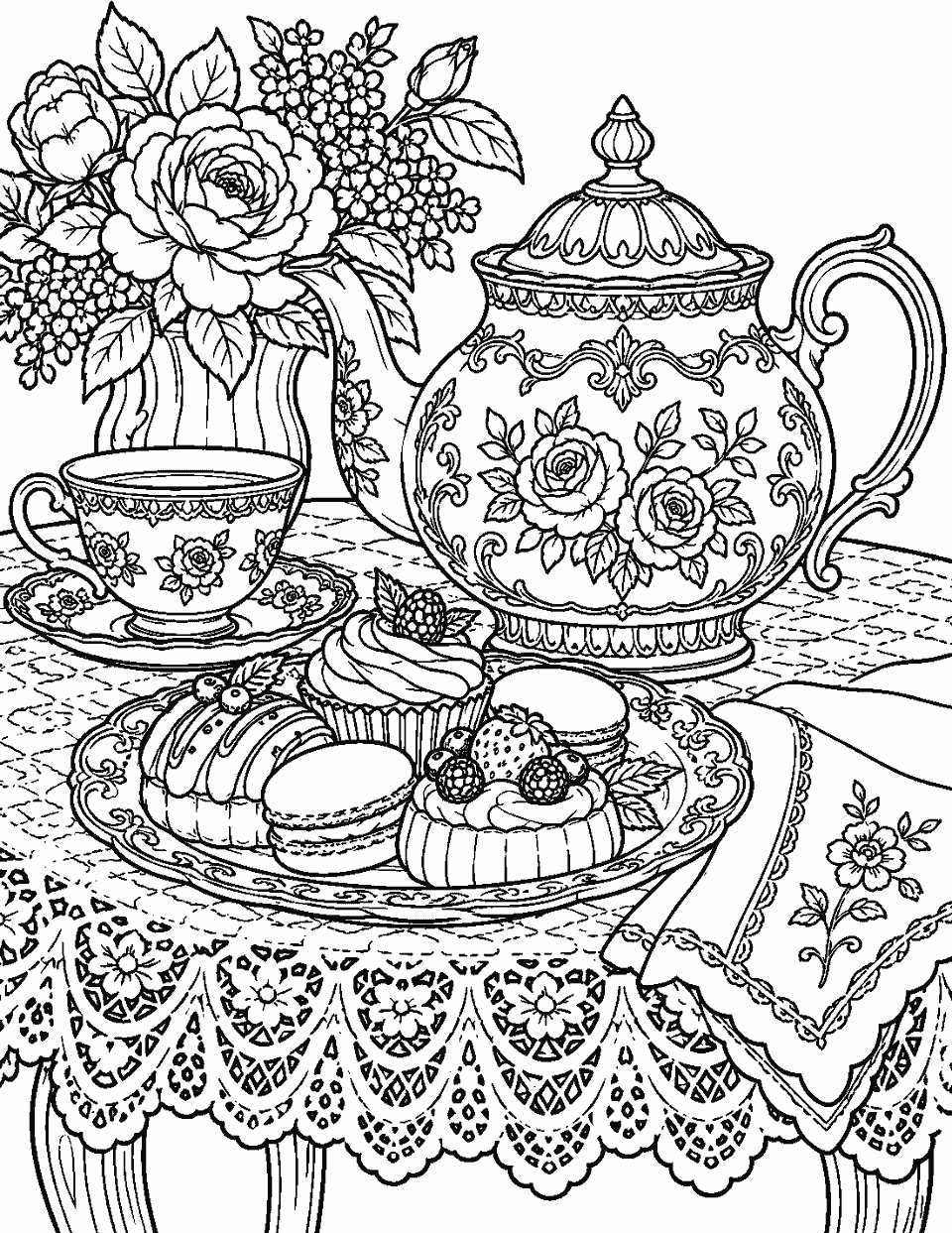 Ornate teapot and pastries on a lace tablecloth coloring page, black and white line art