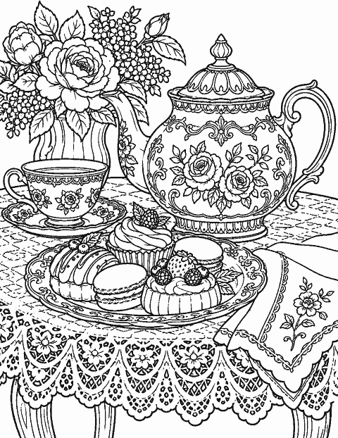 Ornate teapot and pastries on a lace tablecloth coloring page