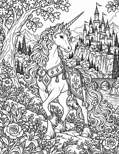 Ornate unicorn tapestry scene with castle and forest coloring page