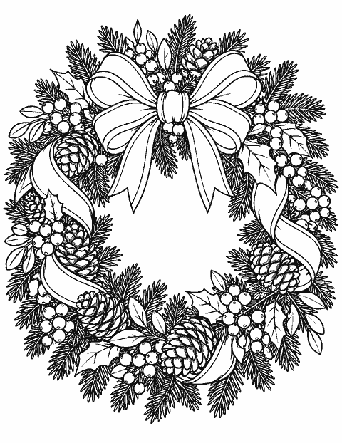 Ornate winter wreath with pinecones, berries and ribbon coloring page