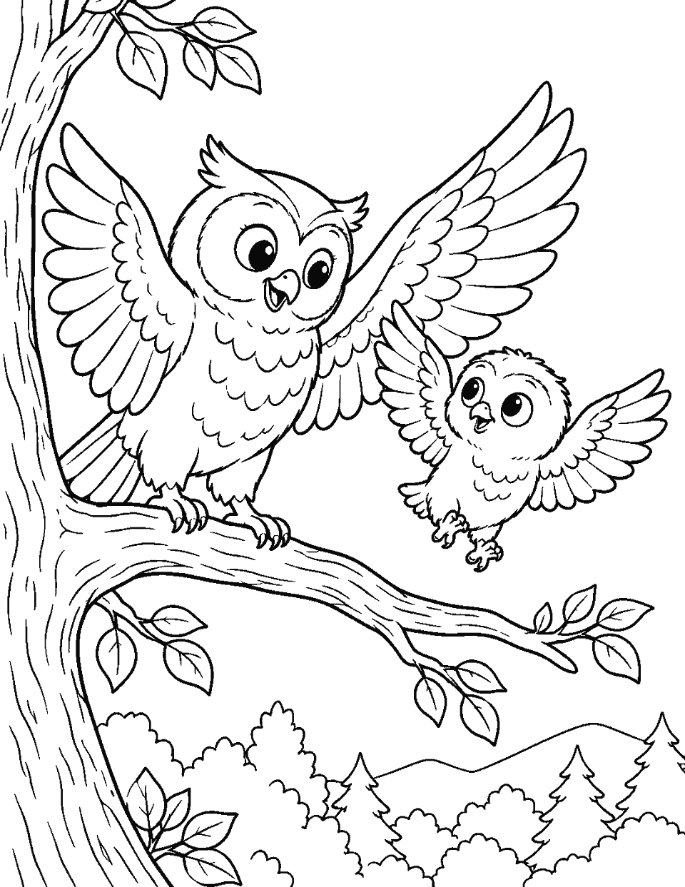 Owl teaching its chick to fly coloring page, black and white line art