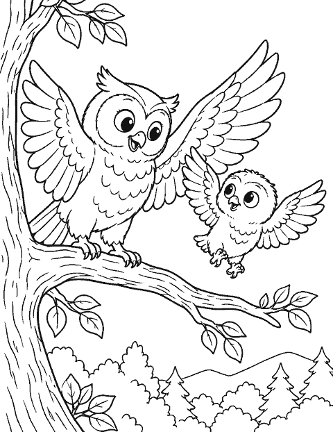 Owl teaching its chick to fly coloring page