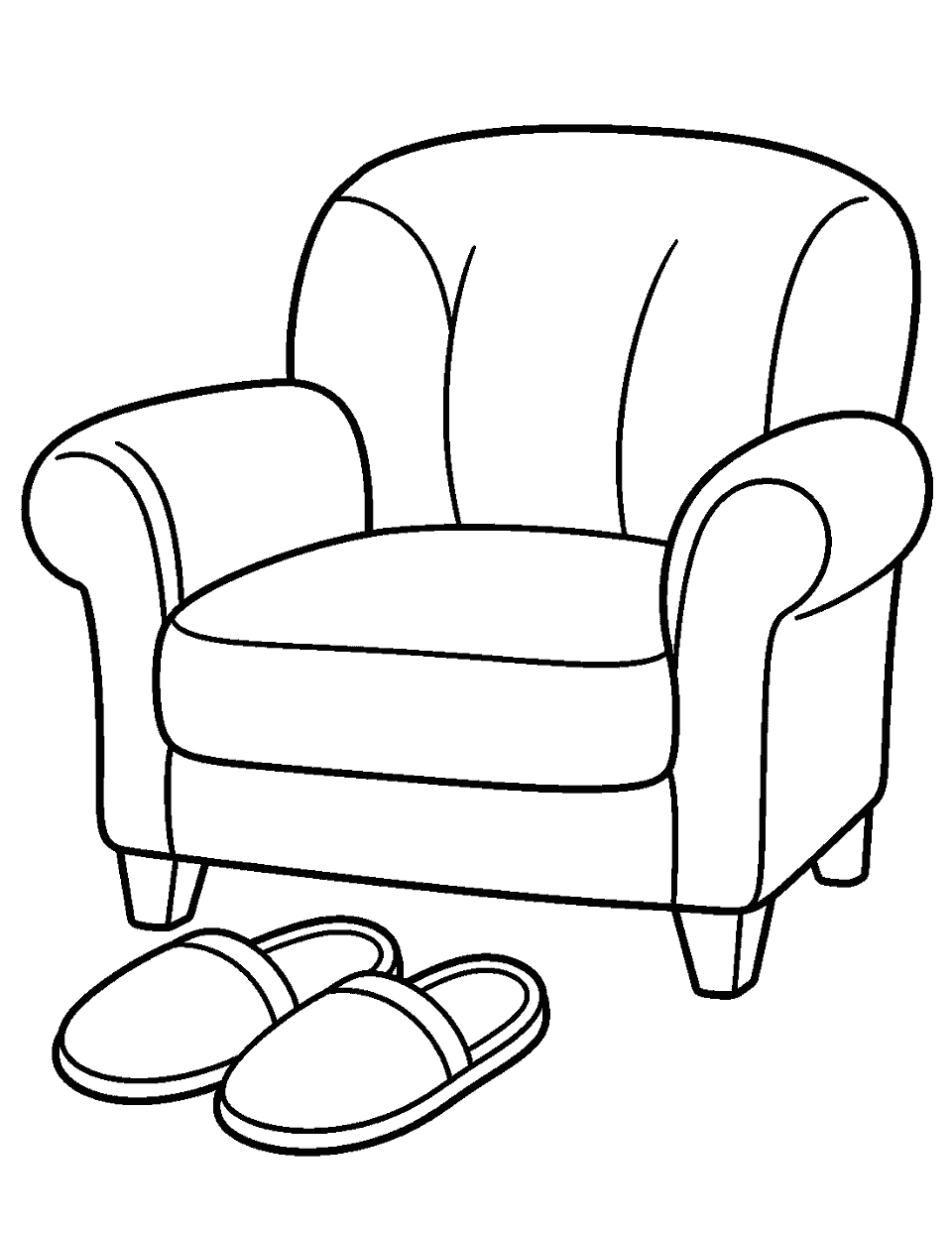 Pair of slippers beside a chair coloring page, black and white line art