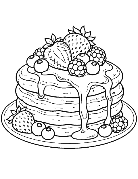 Pancake stack with berries and syrup coloring page