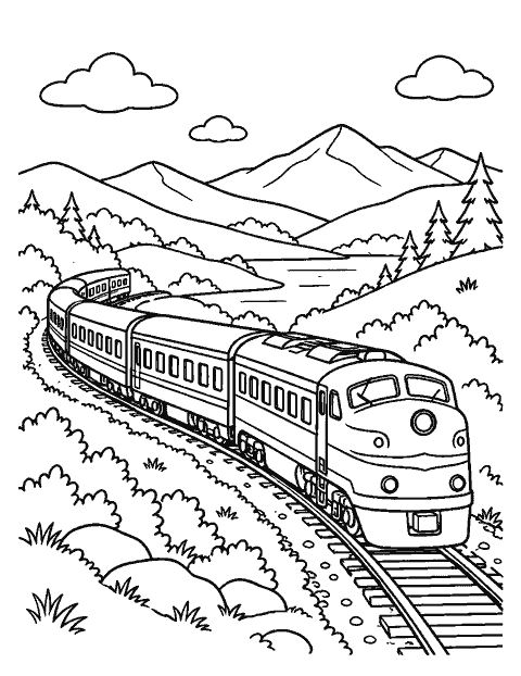 Passenger train curving through hills coloring page